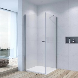 Aquabatos Eckdusche 80x80 cm mit 6mm Sicherheitsglas und NANO-Beschichtung. Moderne Duschkabine mit Drehtür und silbernen Profilen.
