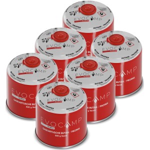 6er-Pack Evocamp Gaskartuschen mit Butan/Propan, 500g, Schraubventil für Campingkocher & Gasgrills.
