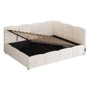 Beiges Polsterbett 140x190 mit offenem Bettkasten und Lattenrost. Jugendbett mit Stauraum.