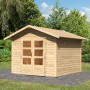 Karibu Holz-Gartenhaus Tyka, unbehandelt, mit Satteldach und Doppeltür mit Fenstern.