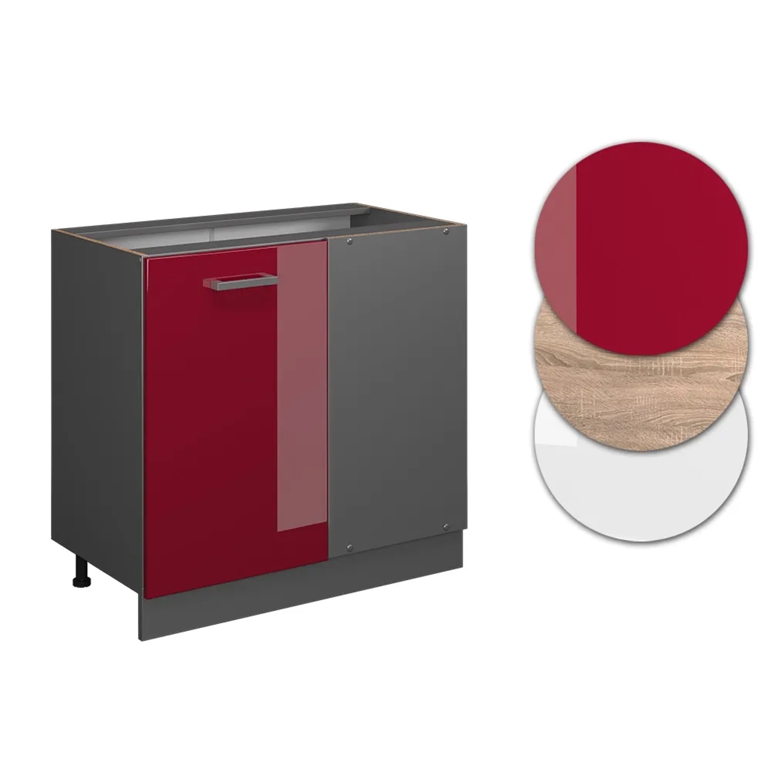 Vicco Eckunterschrank R-Line, Bordeaux Hochglanz/Anthrazit, 86 cm, ohne Arbeitsplatte.