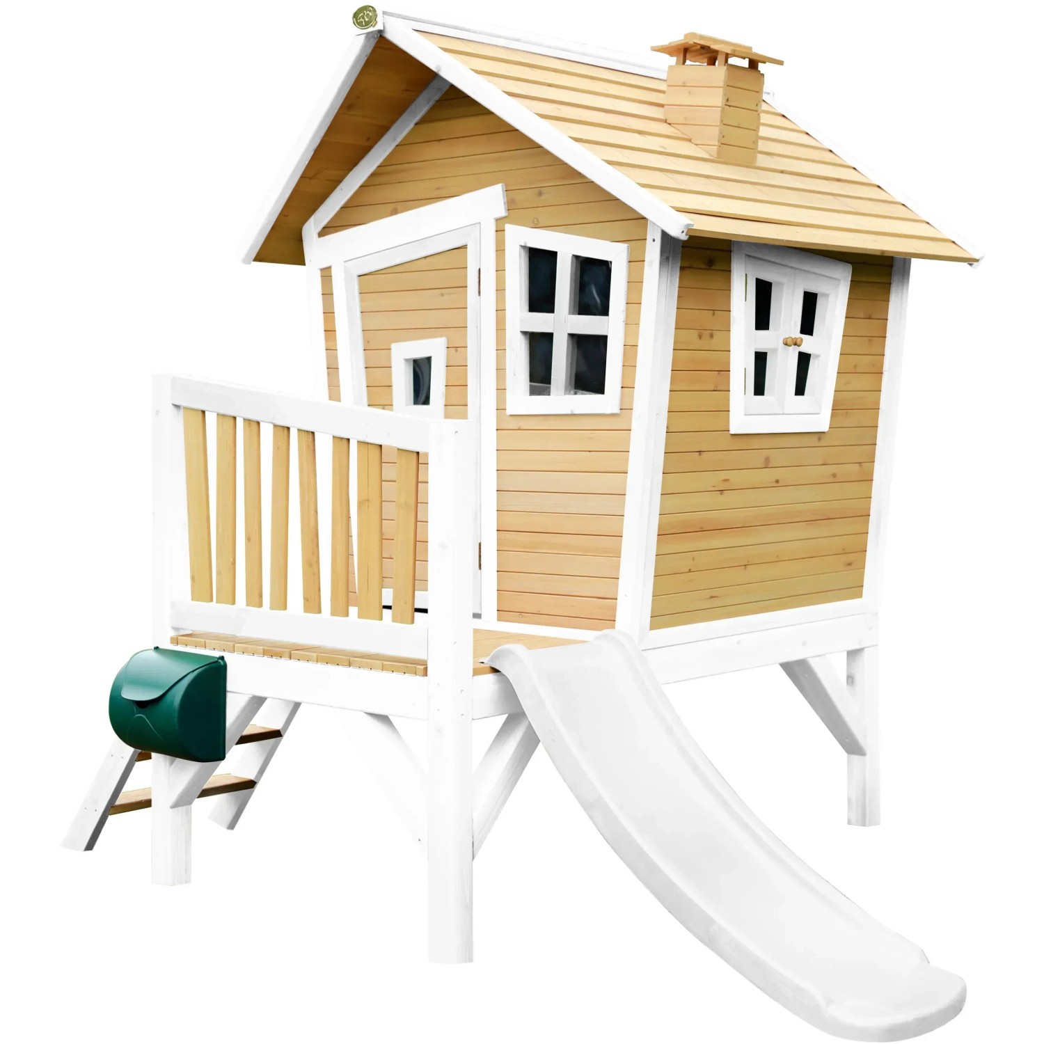 Axi Robin Spielhaus aus Holz, braun-weiß, mit Rutsche. Ideal für Kinder zum Spielen im Garten.