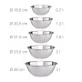 Fünf silberne Edelstahl Rührschüsseln in verschiedenen Größen (0,7-3 l), ideal für Küche, Backen und Servieren. Stapelbar.
