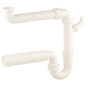 Weißer Kirchhoff Raumspar-Spültisch-Röhrensiphon mit Geräteanschluss.