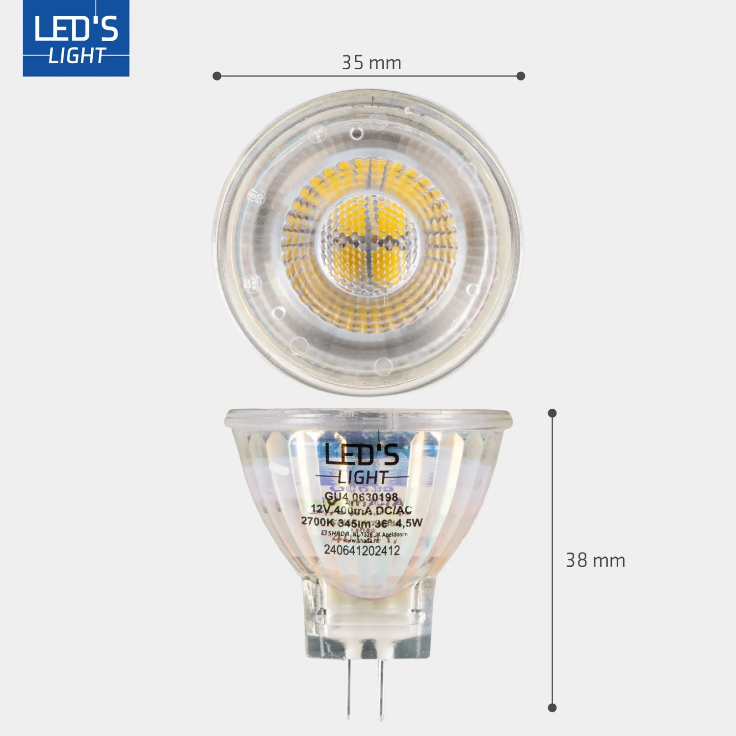 Dimmbare GU4 LED Lampe, 4,5W, 2700K, klares Design für Akzentbeleuchtung.