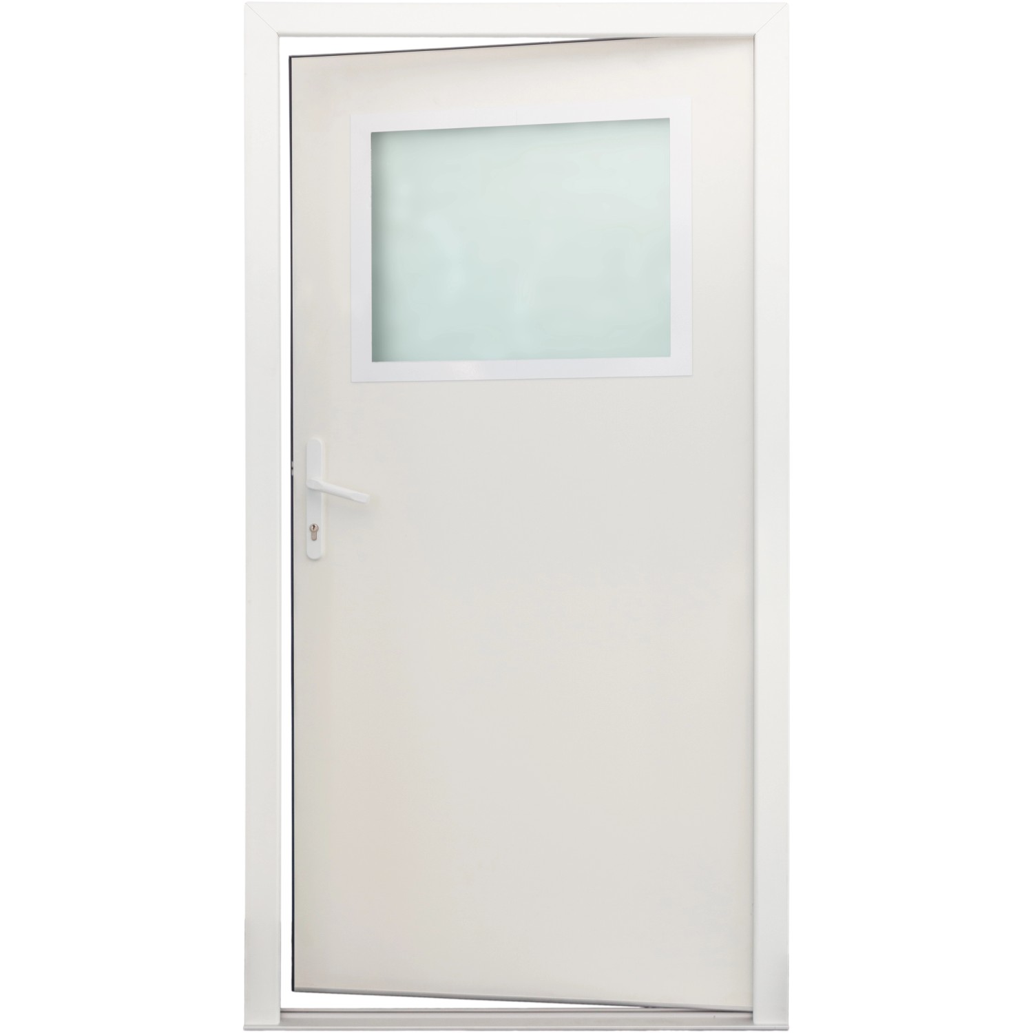 Weiße Stahl-Nebeneingangstür NS2 mit Glaseinsatz, nach innen öffnend, Anschlag links.