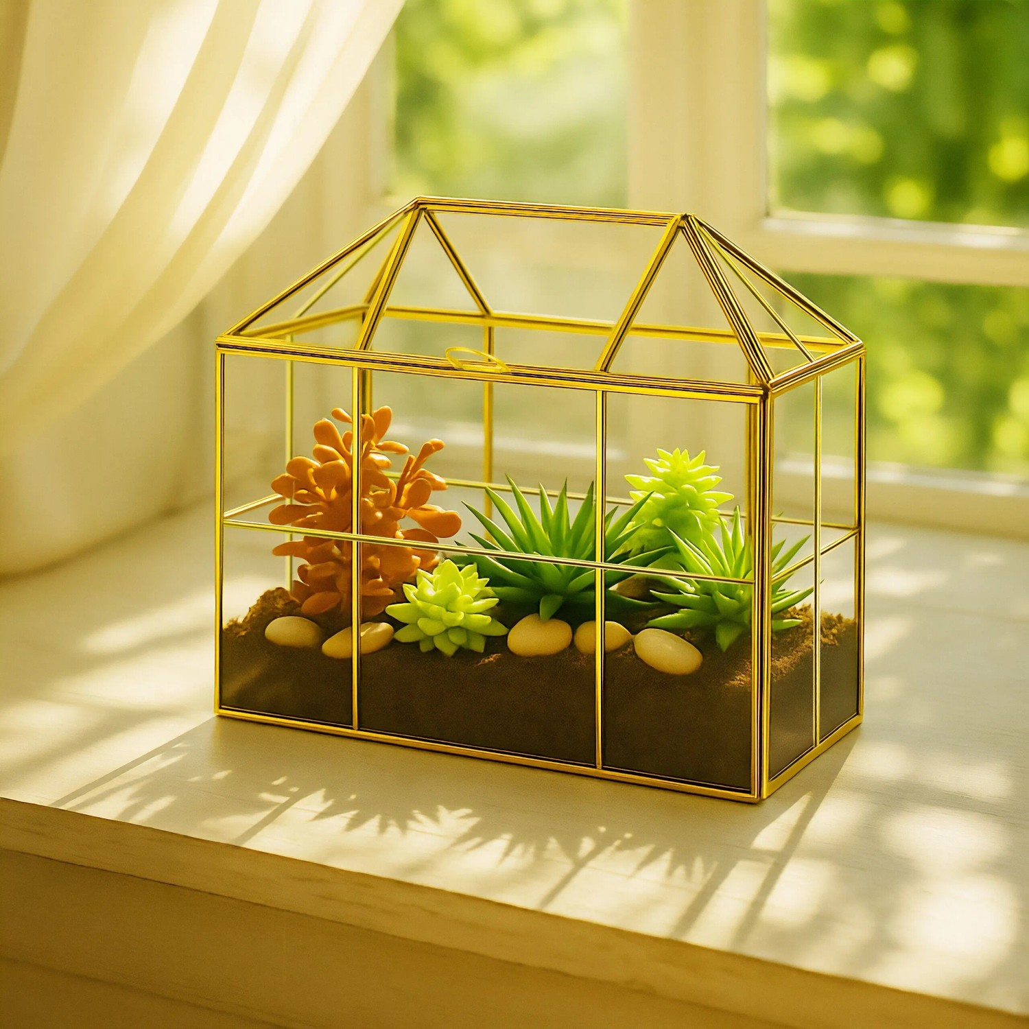 Relaxdays Pflanzenterrarium Glas Gold Mit Dachfenster 27 x 30 x 15 cm 1,9 kg_2