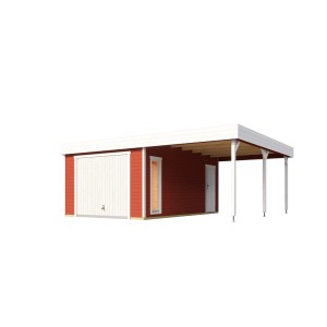Lasita Maja Holzgarage Bahamas mit Schwingtor in Schwedenrot und Anbau.