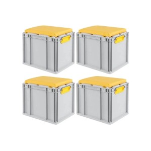 Vier graue Eurobox NextGen Sitzboxen mit gelbem Sitzkissen, Aufbewahrungsboxen.