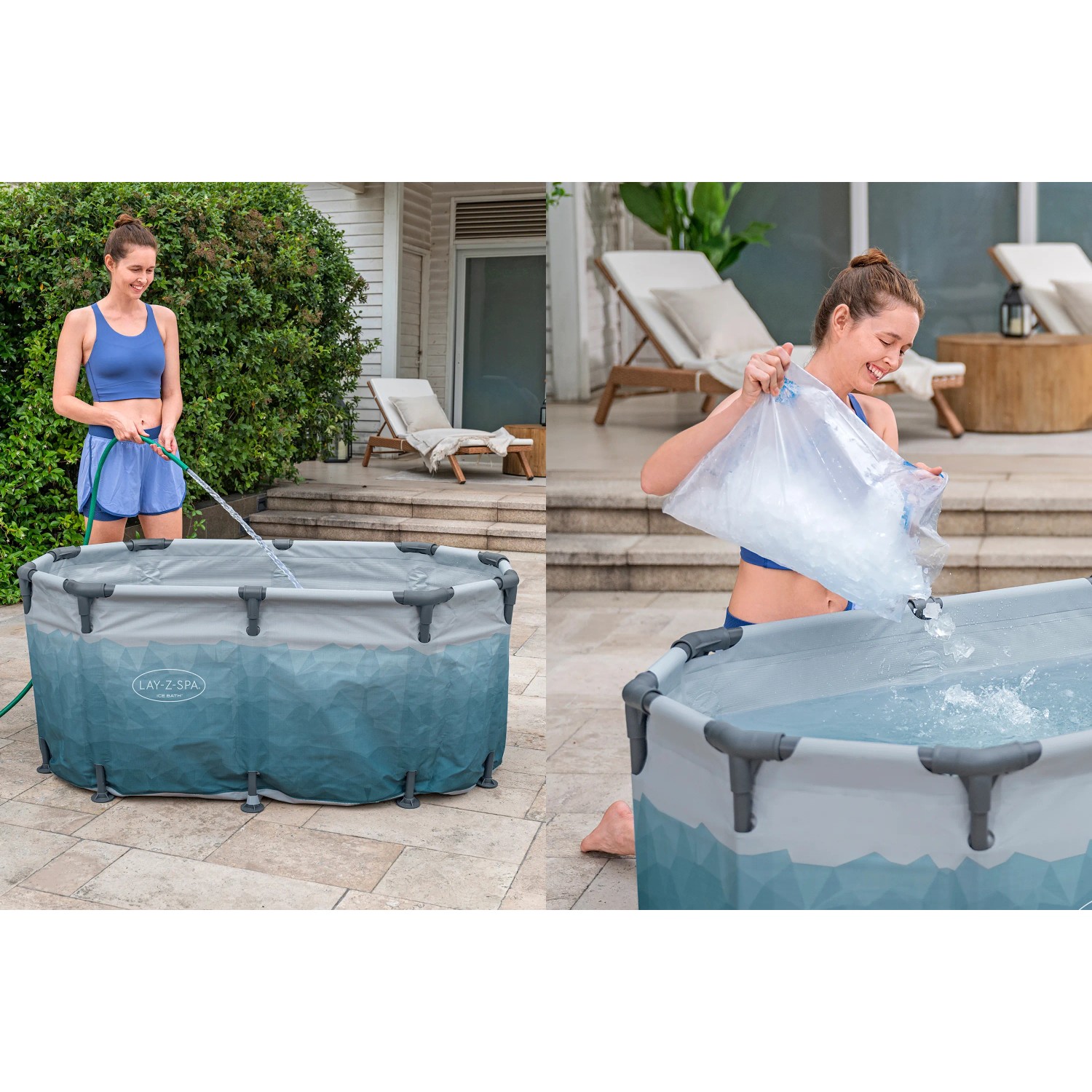 Bestway Eisbad Glacial Dip, ovales Becken mit Stahlrahmen, wird mit Wasser und Eis befüllt.