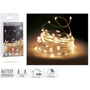 LED Lichterkette mit 40 warmweißen LEDs auf Silberdraht, batteriebetrieben für den Innenbereich.