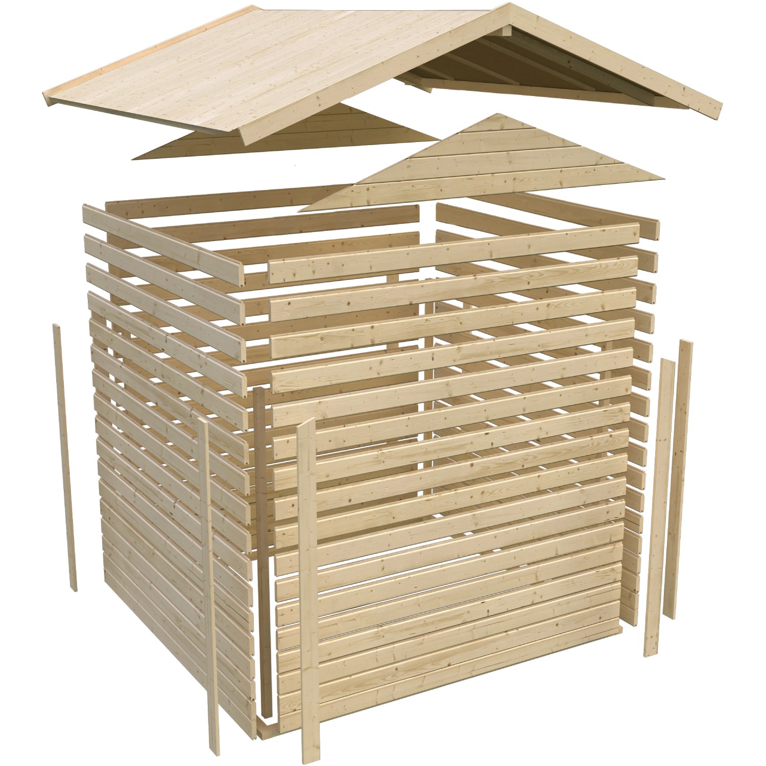 Explosionszeichnung Karibu Holz-Gartenhaus Tessin 2, Terragrau, 300x300 cm, mit Boden und Dachschindeln.