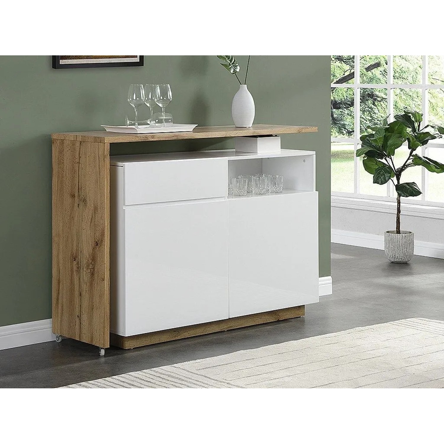 Modernes Barmöbel Eldir in Hellbraun und Weiß, 130 cm, mit 2 Türen, Schublade und offener Ablage für Gläser.