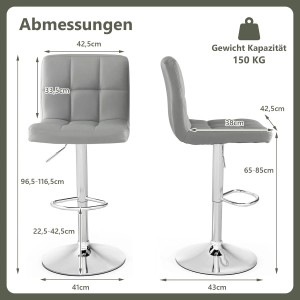 Costway Barhocker 2er Set, grau, mit Maßen und Belastbarkeit.