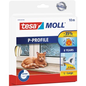 Verpackung der Tesamoll Fensterdichtung P-Profil, 10m, weiß. Ideal zur Abdichtung von Fenstern und Türen.