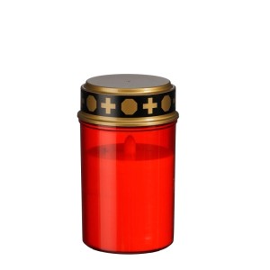 Rotes Luca Lighting LED-Grablicht, zylindrisch, mit schwarzem Deckel und goldenen Kreuzen. Batteriebetrieben.