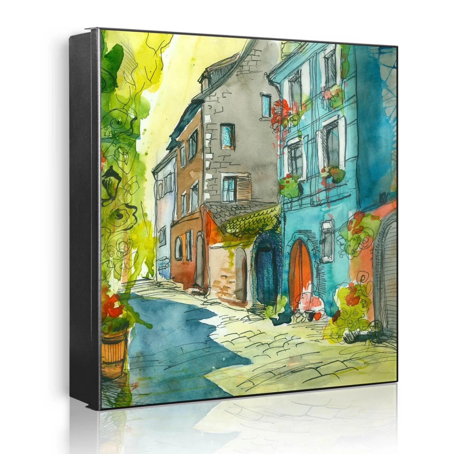 Banjado Großer Schlüsselkasten Metall 30x30cm Schwarz Scharnier Links 50 Haken Beschreibbar Magnetisch Motiv Historischer Stadtkern