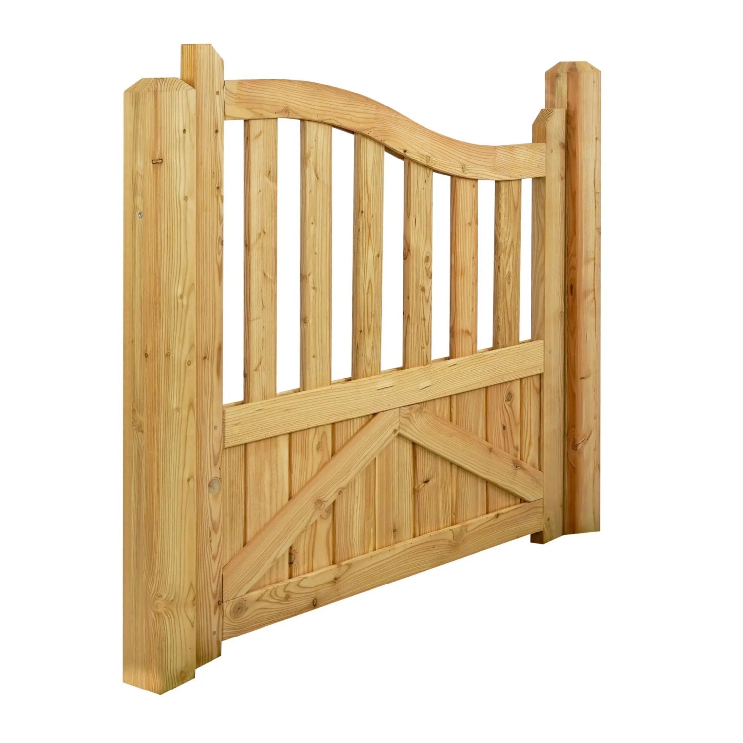 Gartentor Graz aus hellem Lärchenholz, gebogen. Unten blickdicht, oben mit Latten, geschwungene Oberkante für Vorgartenzaun.