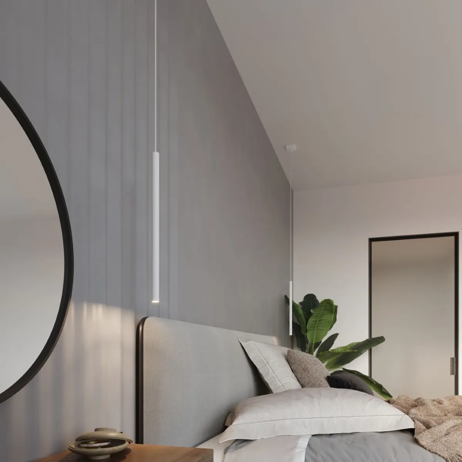 Weiße Sollux Lighting Hängeleuchte Pastelo 1 im Schlafzimmer. Moderne Pendelleuchte aus Stahl.