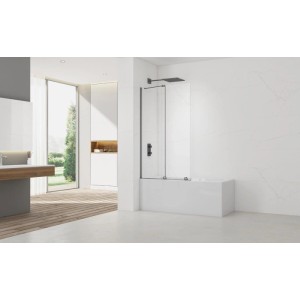 Moderne 2-teilige Badewannenabtrennung mit Schiebetür, Klarglas und Gunmetal-Profil. Ideal als Spritzschutz.