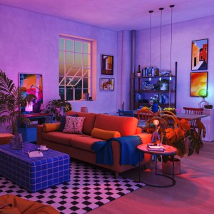 Philips Smart-LED-Leuchtmittel E27 RGB taucht modernes Wohnzimmer in stimmungsvolles violettes und pinkes Licht.