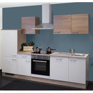 Flex-Well Küchenzeile Florida 280 cm, Weiß Matt/Sonoma Eiche, mit E-Geräten und Spüle.