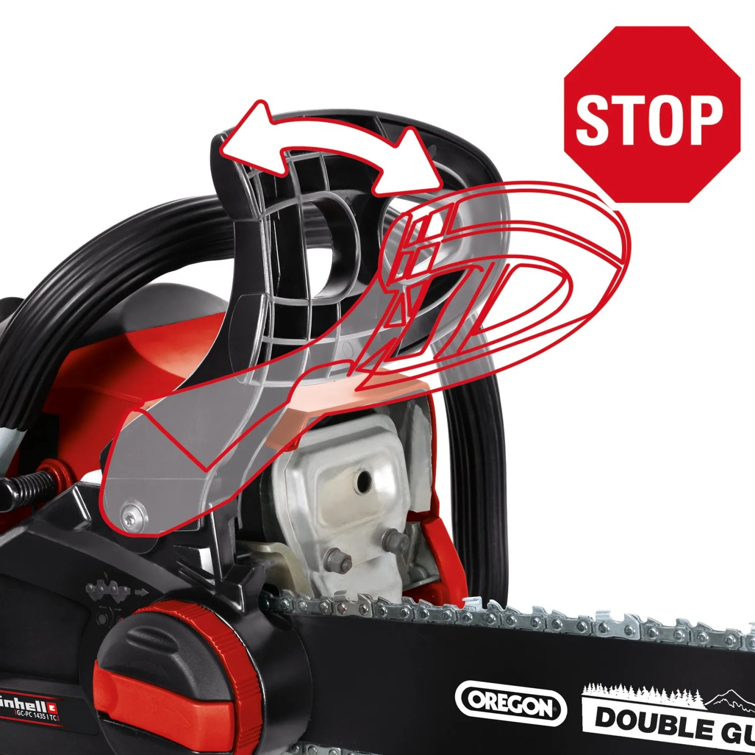 Detailaufnahme der Einhell GC-PC 1435 I TC Kit Benzin-Kettensäge mit Kettenbremse und Oregon-Kette.