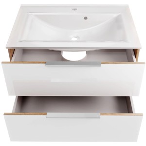 Fackelmann Waschplatz-Set B.Brillant, 80 cm, Asteiche/Glas Weiß, mit zwei offenen Schubladen.