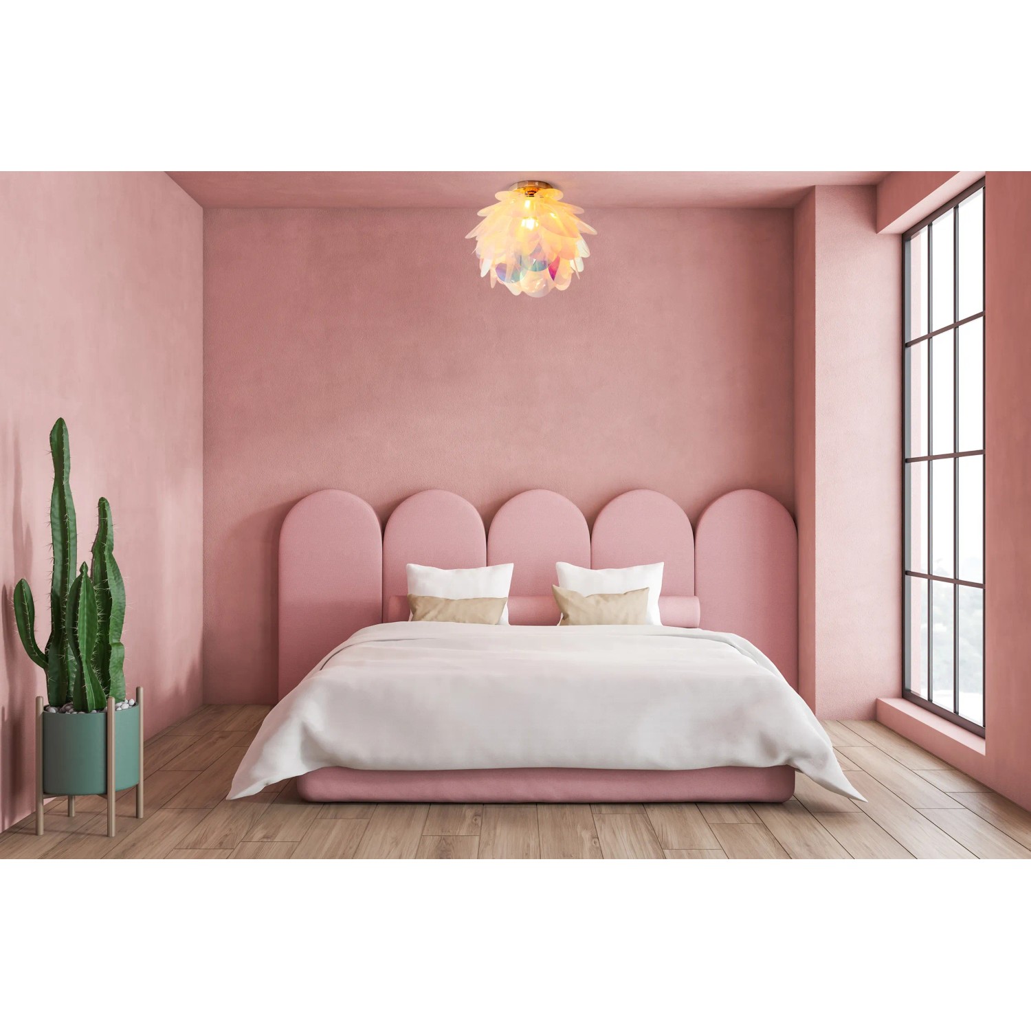 Irisierende Näve Deckenleuchte Fora 40 cm im Schlafzimmer mit rosa Wand.