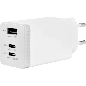 Weißes 65W USB-C/A Schnellladegerät mit drei Anschlüssen für Computer & Multimedia Zubehör.