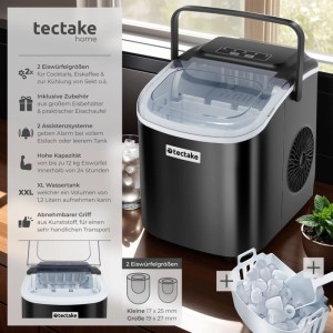 Tectake Eiswürfelmaschine Arctic, 1,2L Tank, schwarz, mit Eiswürfeln und Schaufel.
