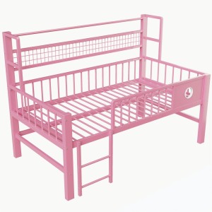 Rosa Metall Hochbett 90x200cm. Kinderbett mit hohen Sicherheitsgittern, Netzregal und Stauraum für Kinderzimmer.