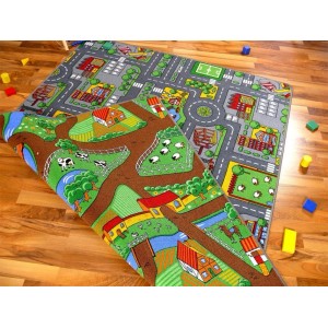 Bunter Pergamon Straßenteppich 100x165cm mit beidseitigen Straßen- und Bauernhofmotiven.