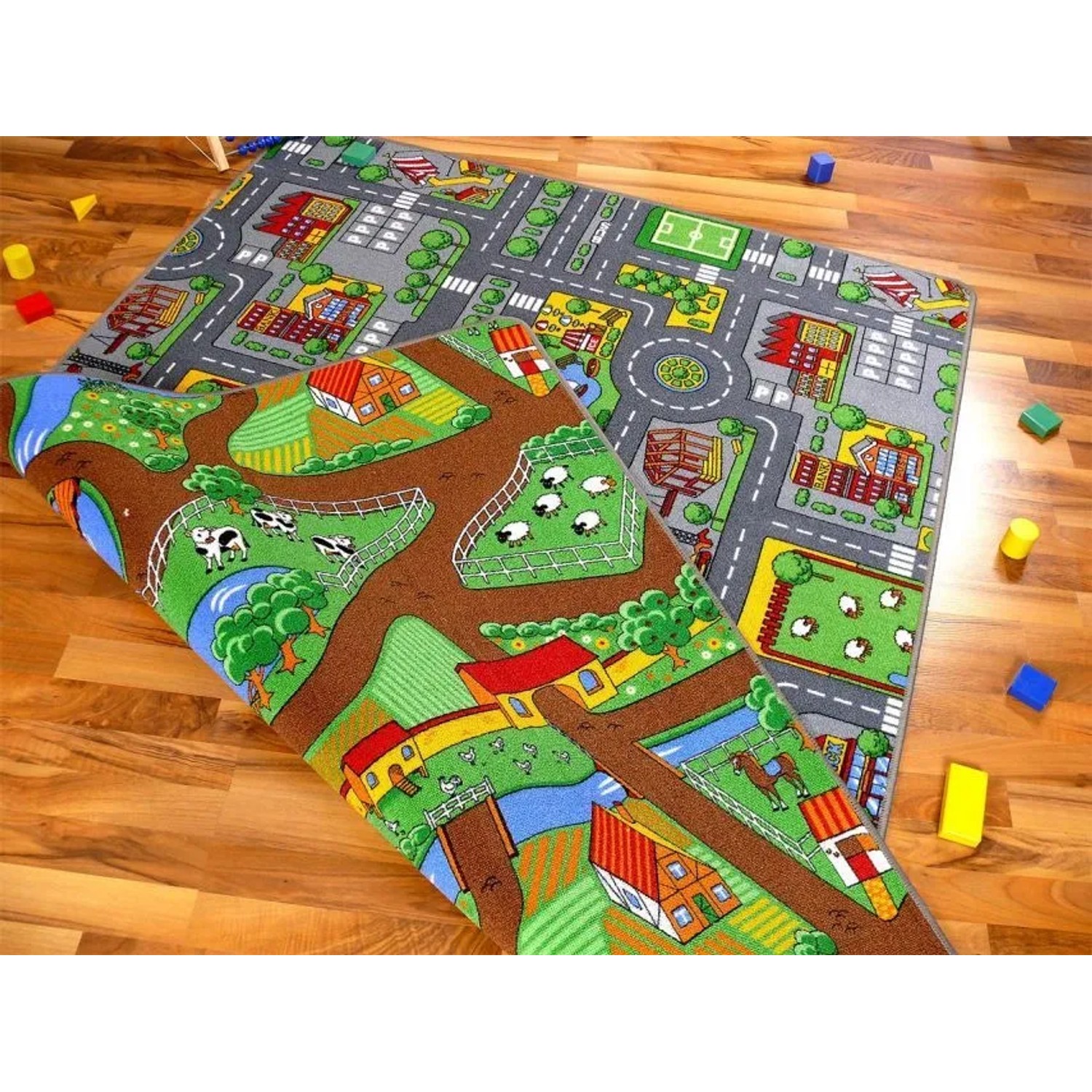 Bunter Pergamon Straßenteppich 100x165cm mit beidseitigen Straßen- und Bauernhofmotiven.