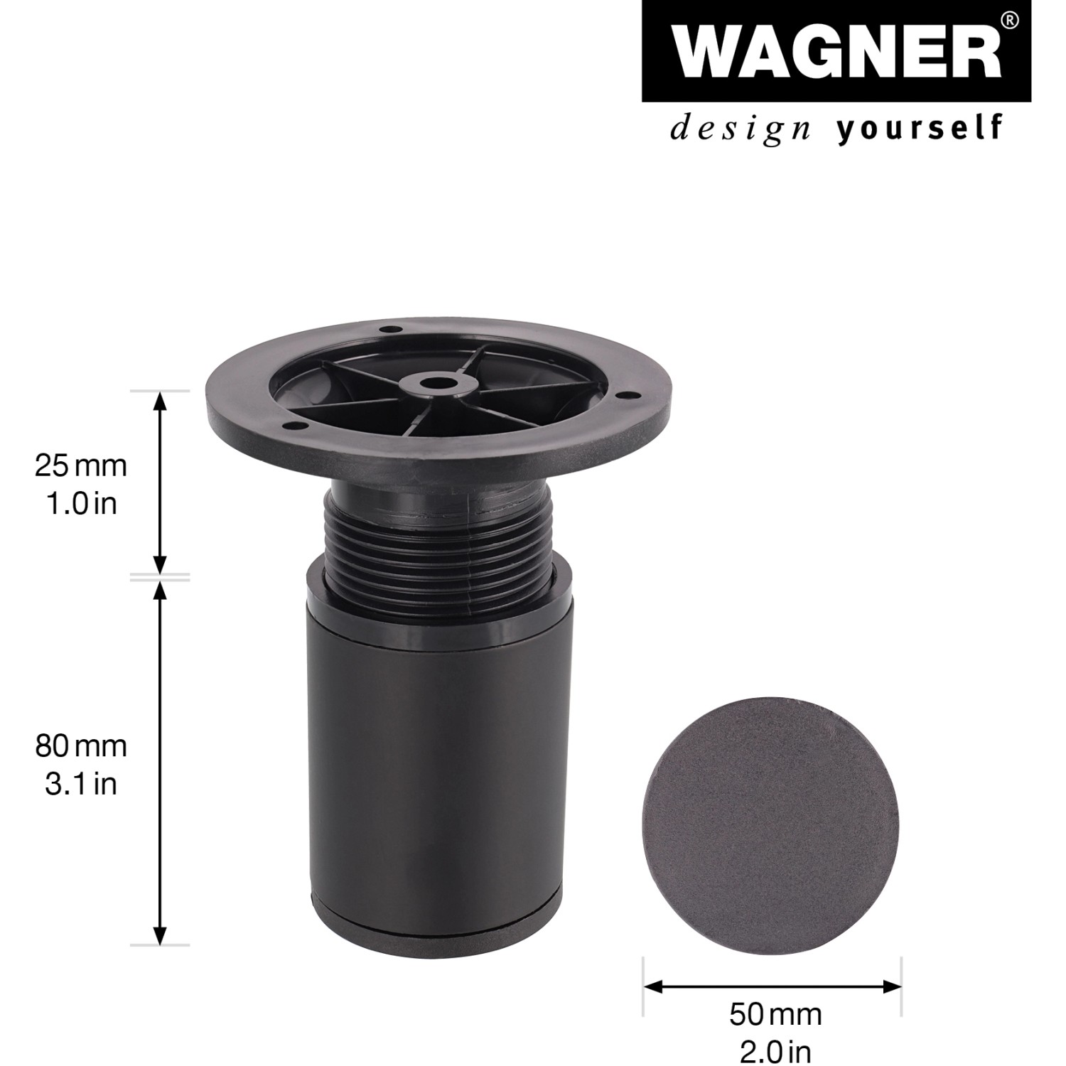 Wagner Möbelfuß, Ø 5 cm, justierbar, 8-10,5 cm, schwarz-matt. Möbelbein aus Aluminium mit Anschraubplatte.