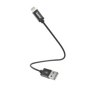 Schwarzes Hama Ladekabel, USB-A auf Lightning, 0,2 m, mit Nylon-Ummantelung.