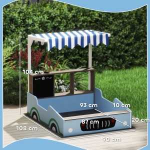 AIYAPLAY Sandkasten mit Abdeckung im Auto-Design und Markise, blau-weiß. Ideal zum Spielen und Entdecken im Garten.
