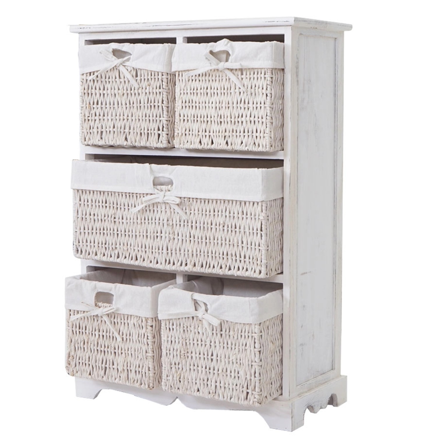 Weiße MCW Kommode Derby im Shabby-Look mit 5 Schubladen aus Maisstroh.