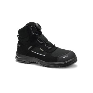 Schwarzer ELTEN Sicherheitsstiefel MATTHEW Pro BOA GTX Mid S3S WR. Robuster Arbeitsschuh mit Drehverschluss und GORE-TEX Membran.