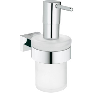 Grohe Seifenspender mit Halter Essentials Cube, Chrom/Glas, zur Wandmontage.