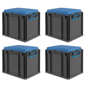 PROREGAL Sparset 4x Eurobox Nextgen Seat Box Blau HxBxT 36,5x30x40cm 30 Liter Griffe Geschlossen Schwarz