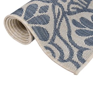 Gerollter vidaXL Outdoor-Teppich 140x200 cm mit blauem Flachgewebe-Muster, robust für Terrasse.