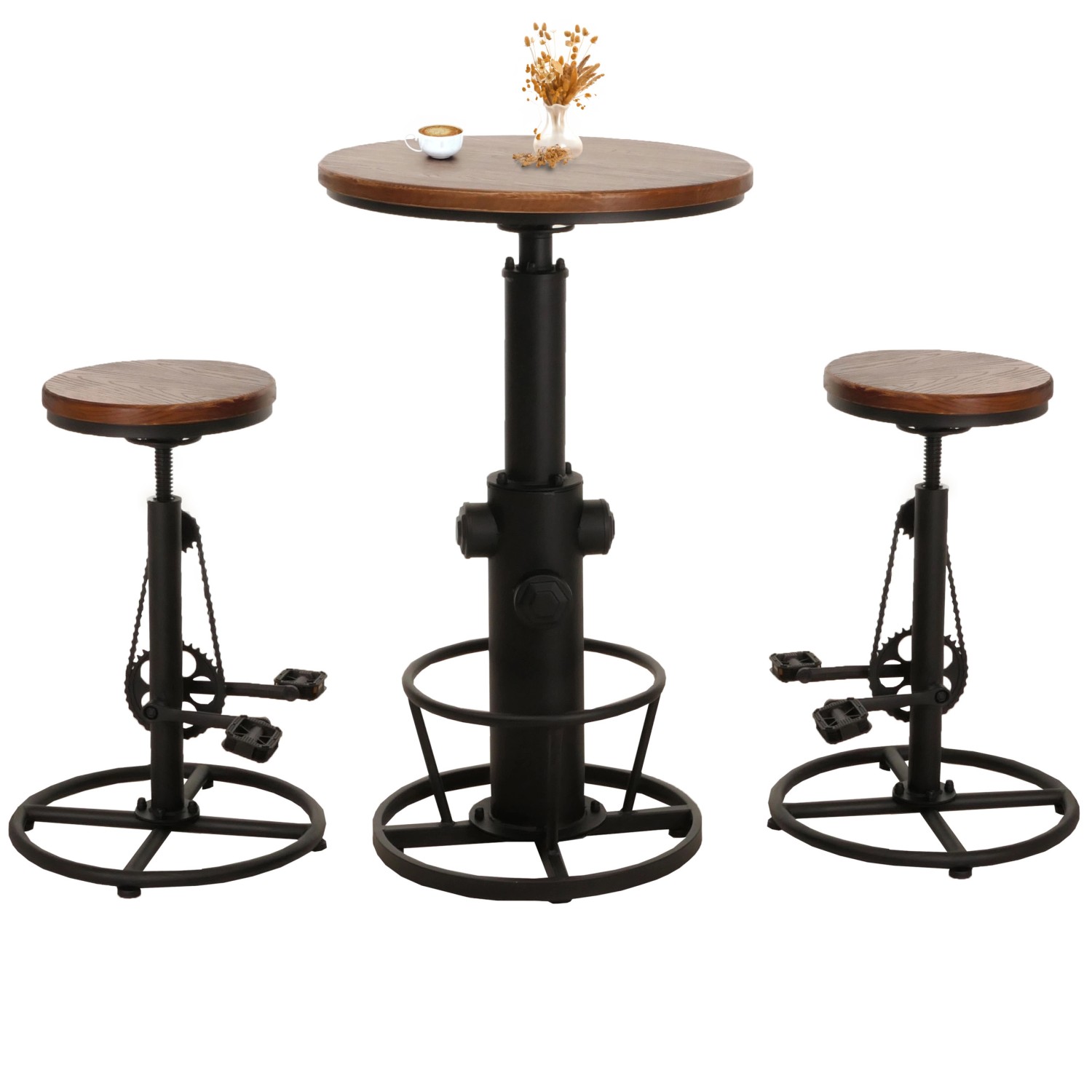 Braunes Bartisch-Set: Bartisch mit 2 Barhockern im Industrie-Design mit Holz und Metall.