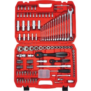 Famex Werkzeug-Set 568-44, 120-teilig, im roten Koffer mit Steckschlüsselsatz und diversen Werkzeugen.