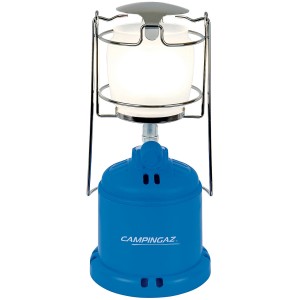 Campingaz Gaslaterne 206 L: Blaue Campinglampe mit Schutzgitter und Hängegriff.