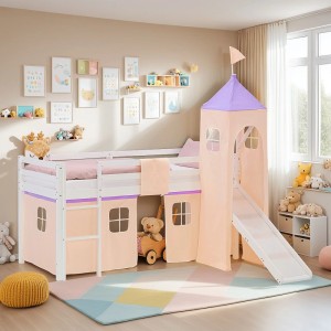 Weißes Kinder Hochbett 90x200 aus Kiefernholz mit Rutsche, Turm und lila-apricotfarbenem Vorhang für Abenteuerbetten.