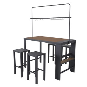 Leco Bar-Sitzgruppe Elsa, Gartentheke mit 4 Hockern, anthrazitfarbenes Gestell, Holzoptik Tischplatte.