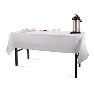 Werkbank rikta 159 cm mit weißer Tischdecke, Kaffeekanne und Geschirr. Ideal als Buffettisch.