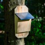 Dobar Holz-Fledermauskasten Microchioptera am Baum. Heller Holzkasten mit dunklem Dach für Fledermäuse.
