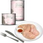 Mjamjam Katzen-Nassfutter Saftiges Hühnchen mit Lachsöl, 400g Dose und frisches Hühnchenfleisch.